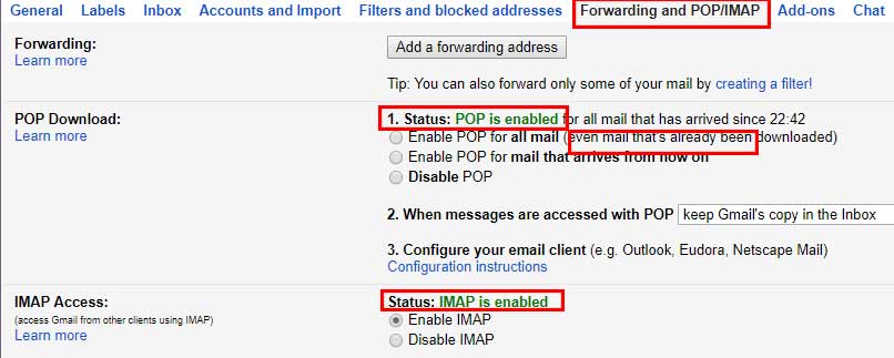 gmail pop and imap settings